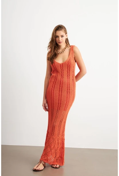 Kadın Turuncu Astarlı Ajurlu Maxi Elbise MBE15001