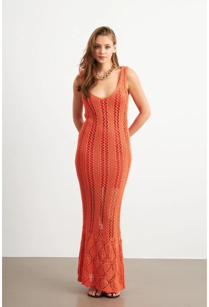 Kadın Turuncu Astarlı Ajurlu Maxi Elbise MBE15001