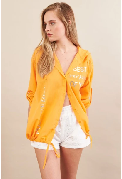 Kadın Turuncu Baskılı Kapüşonlu Gömlek MPC308