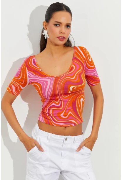 Kadın Turuncu Desenli Bluz LPP1224