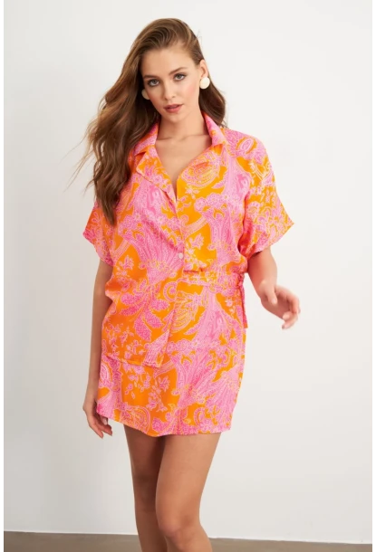 Kadın Turuncu Desenli Gömlek Şort Takım Q1007