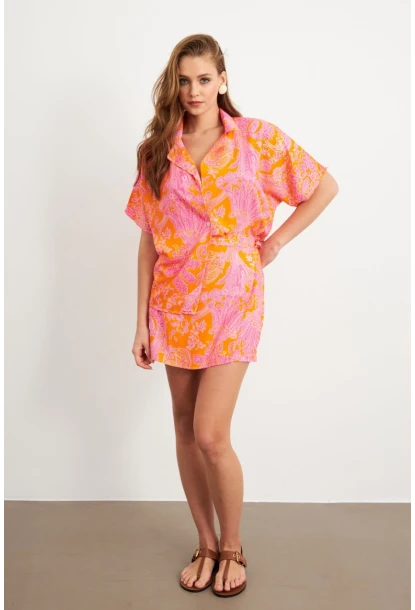 Kadın Turuncu Desenli Gömlek Şort Takım Q1007