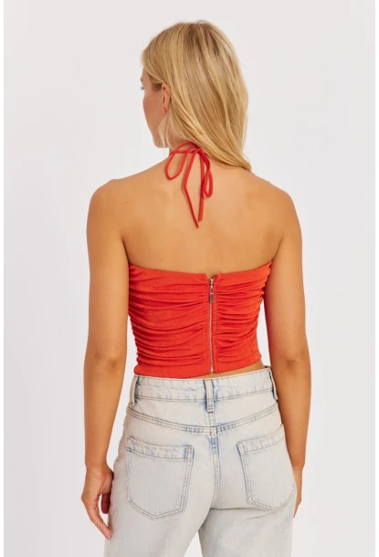 Kadın Turuncu Drapeli Crop Bluz KED154