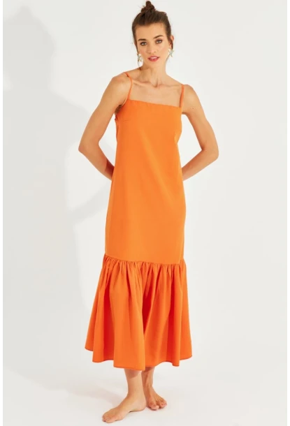 Kadın Turuncu Eteği Volanlı Askılı Midi Elbise MEN2001