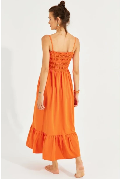 Kadın Turuncu Gipeli Askılı Midi Elbise MEN2000