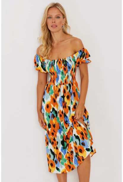 Kadın Turuncu Gipeli Desenli Midi Elbise MON126