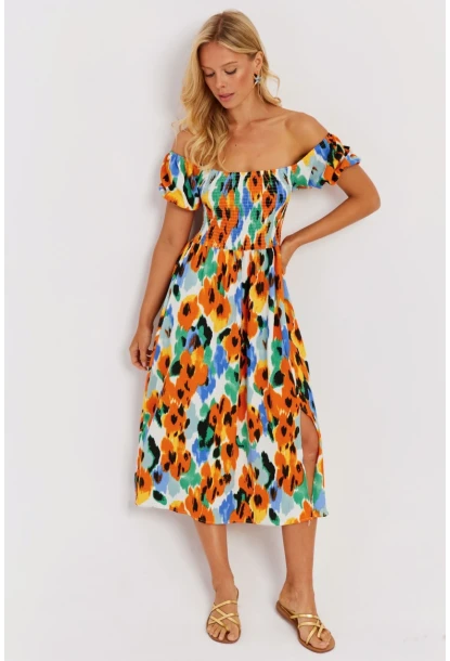 Kadın Turuncu Gipeli Desenli Midi Elbise MON126