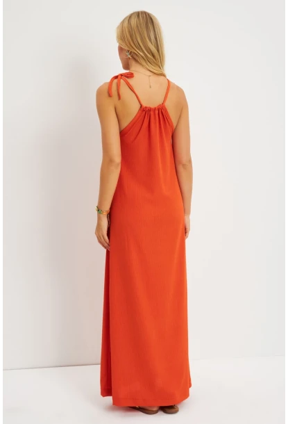 Kadın Turuncu Halter Yaka Bürümcük Midi Elbise EY2788