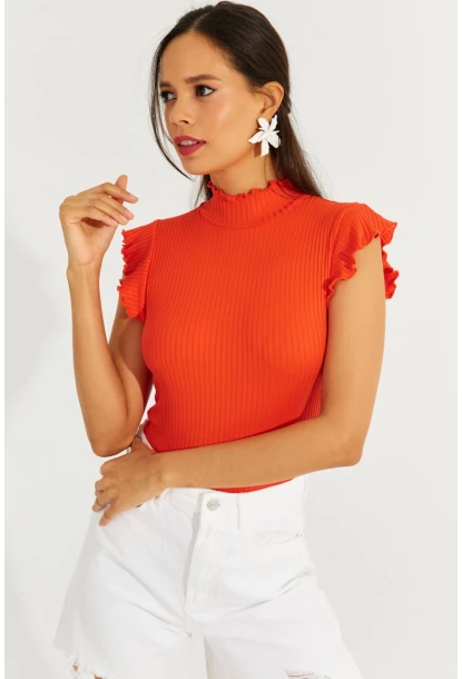 Kadın Turuncu Kolları Fırfırlı Fitilli Bluz TH1092