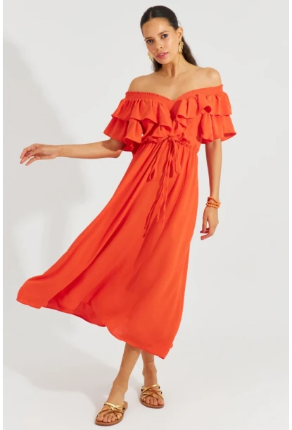 Kadın Turuncu Ön Arka V Volanlı Elbise KS113