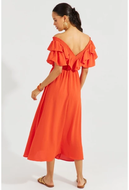 Kadın Turuncu Ön Arka V Volanlı Elbise KS113