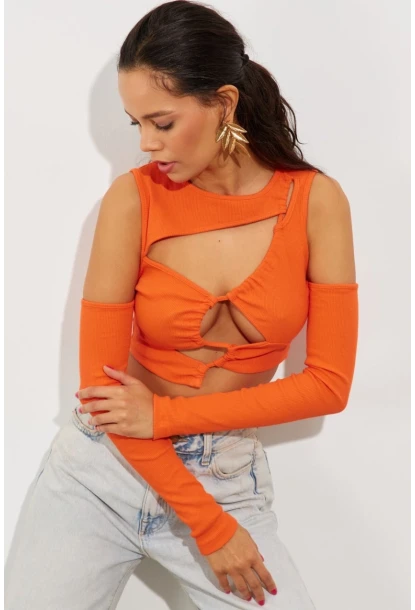 Kadın Turuncu Pencereli Kaşkorse Crop Bluz B2403