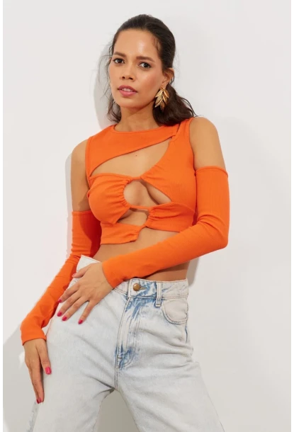 Kadın Turuncu Pencereli Kaşkorse Crop Bluz B2403