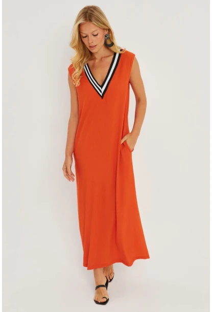 Kadın Turuncu V Yaka Bloklu Maxi Elbise EY2779