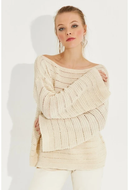 Kadın Vanilya Ajurlu Triko Bluz YV213