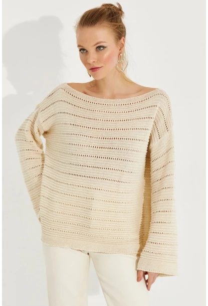 Kadın Vanilya Ajurlu Triko Bluz YV213