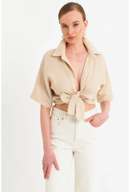 Kadın Vanilya Bağlamalı Keten Bluz BTH16