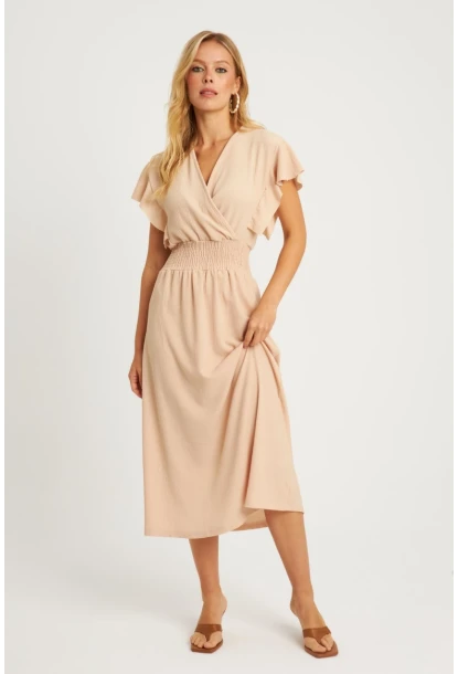 Kadın Vanilya Bürümcük Kruvaze Midi Elbise XL2008