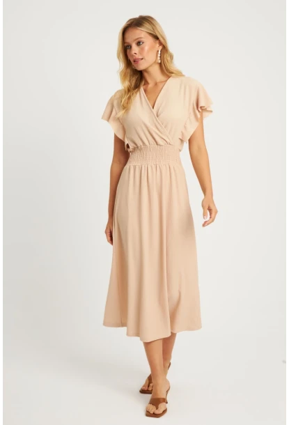 Kadın Vanilya Bürümcük Kruvaze Midi Elbise XL2008