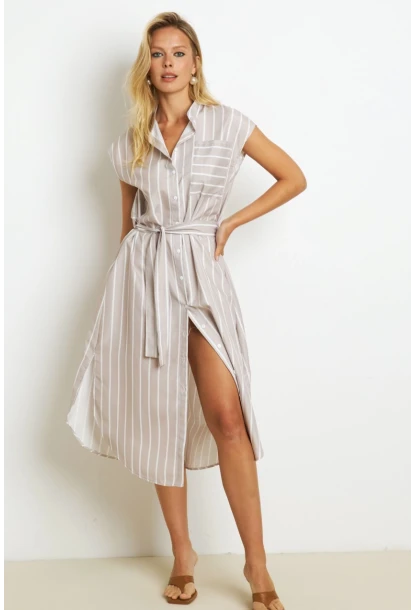 Kadın Vanilya Çizgili Midi Gömlek Elbise SF1000