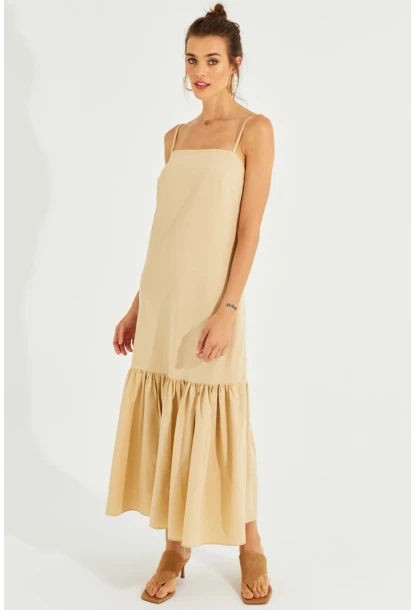Kadın Vanilya Eteği Volanlı Askılı Midi Elbise MEN2001