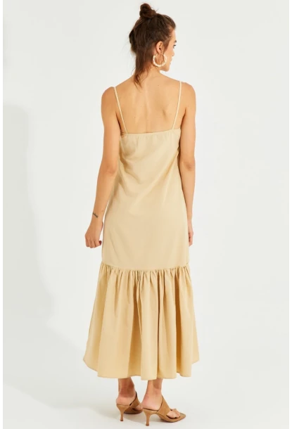 Kadın Vanilya Eteği Volanlı Askılı Midi Elbise MEN2001