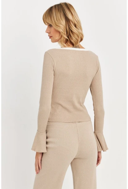 Kadın Vanilya Kontrast Yaka İspanyol Kol Bluz ALB3105