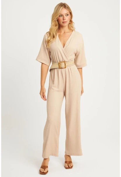 Kadın Vanilya Kruvaze Kemerli Bürümcük Tulum XL2009