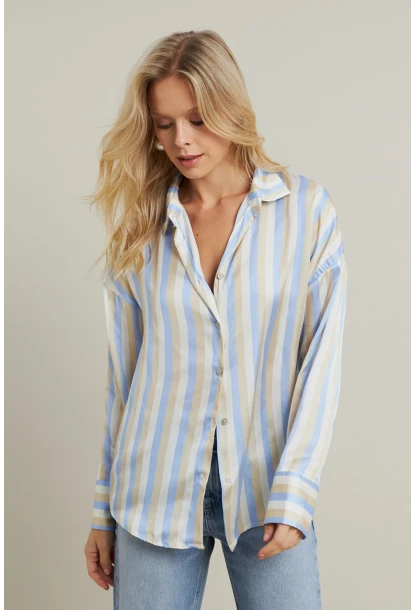 Kadın Vanilya-Mavi Desenli Saten Gömlek MSHR9