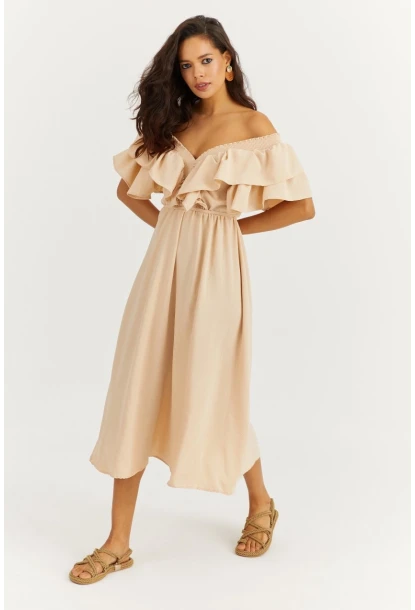 Kadın Vanilya Ön Arka V Volanlı Elbise KS113