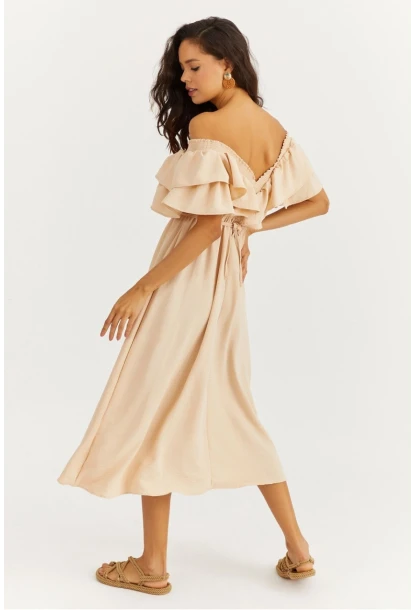 Kadın Vanilya Ön Arka V Volanlı Elbise KS113