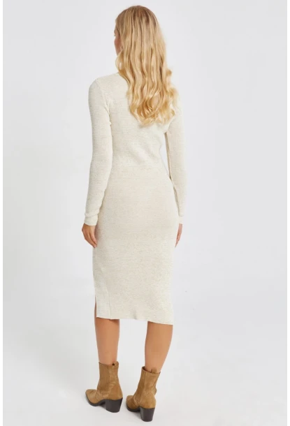 Kadın Vanilya Simli Triko Midi Elbise SF2526