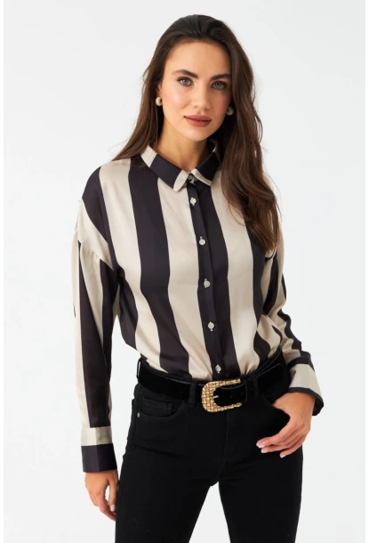 Kadın Vanilya-Siyah Desenli Saten Gömlek MSHR500