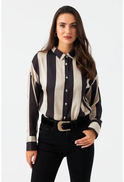 Kadın Vanilya-Siyah Desenli Saten Gömlek MSHR500
