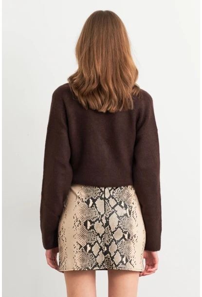 Kadın Vanilya-Siyah Suni Deri Yılan Desenli Mini Etek NH24475
