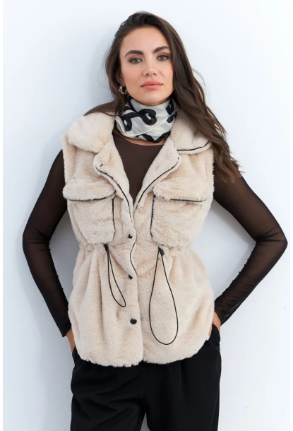 Kadın Vanilya Suni Kürk Cepli Yelek MK66