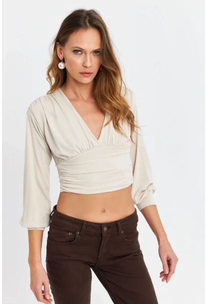 Kadın Vanilya V Yaka Büzgülü Crop Bluz SB309-90
