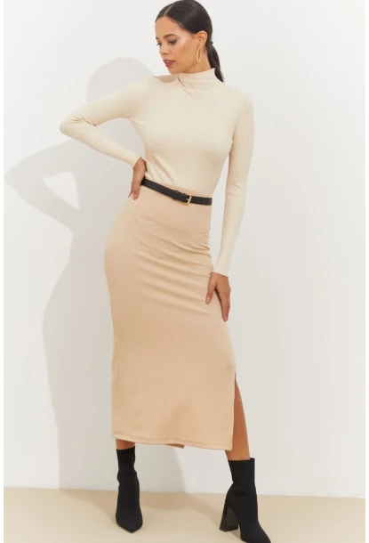 Kadın Vanilya Yandan Yırtmaçlı Midi Etek BK1600