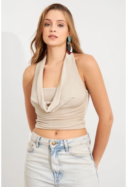 Kadın Vanilya Zincir Aksesuarlı Degaje Yaka Bluz MTK13443