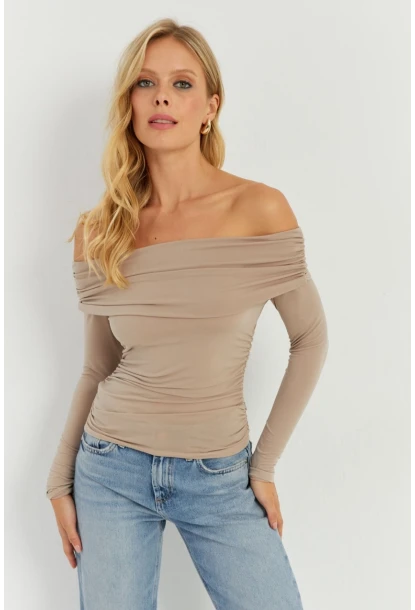 Kadın Vizon Büzgülü Madonna Bluz MON1119