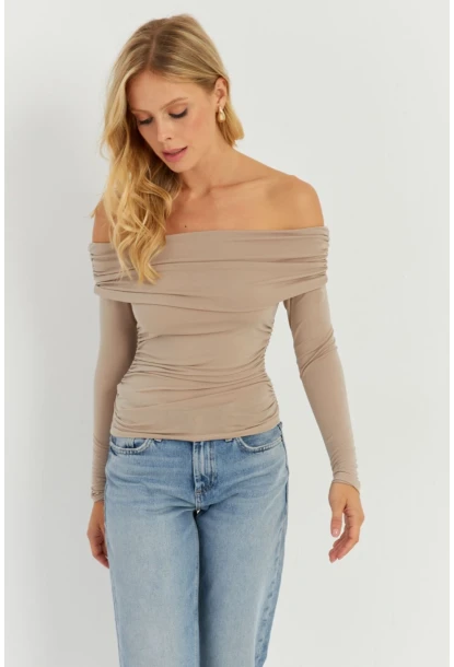 Kadın Vizon Büzgülü Madonna Bluz MON1119