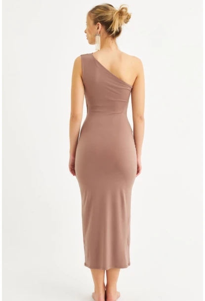 Kadın Vizon Tek Omuz Büzgülü Midi Elbise DMR294-90