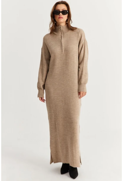 Kadın Vizon Yakası Fermuarlı Triko Maxi Elbise MNUV10