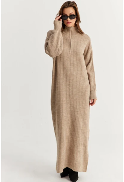 Kadın Vizon Yakası Fermuarlı Triko Maxi Elbise MNUV10