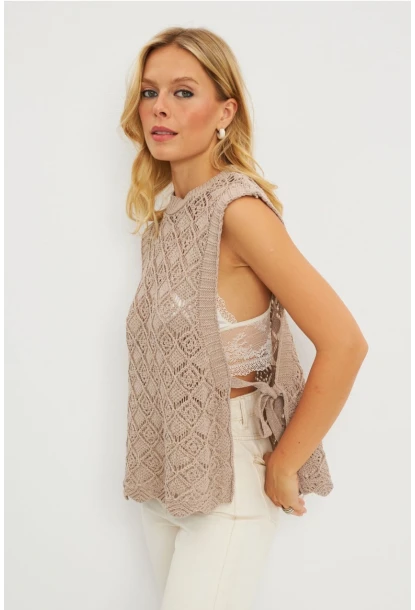 Kadın Vizon Yanları Bağlamalı Ajurlu Süveter YV226