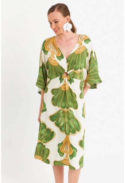 Kadın Yeşil-Beyaz Desenli Pencereli Midi Elbise Q1003