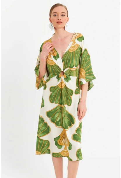 Kadın Yeşil-Beyaz Desenli Pencereli Midi Elbise Q1003