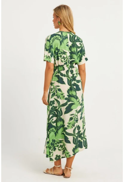 Kadın Yeşil Desenli Gipeli Midi Elbise YZ1055