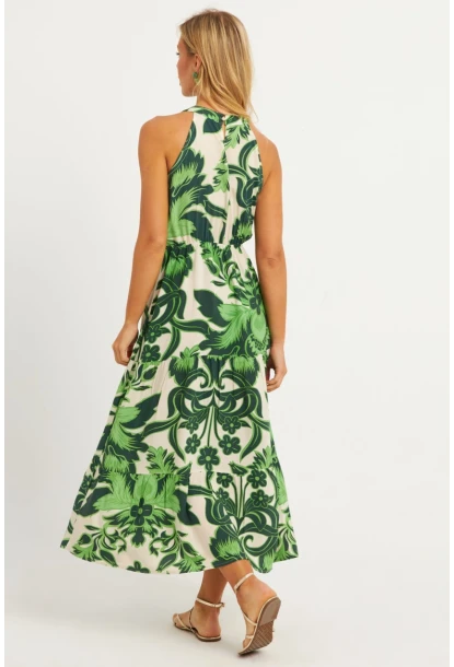 Kadın Yeşil Desenli Midi Elbise YZ1107