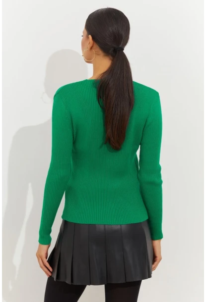 Kadın Yeşil Düğmeli Triko Bluz YV94